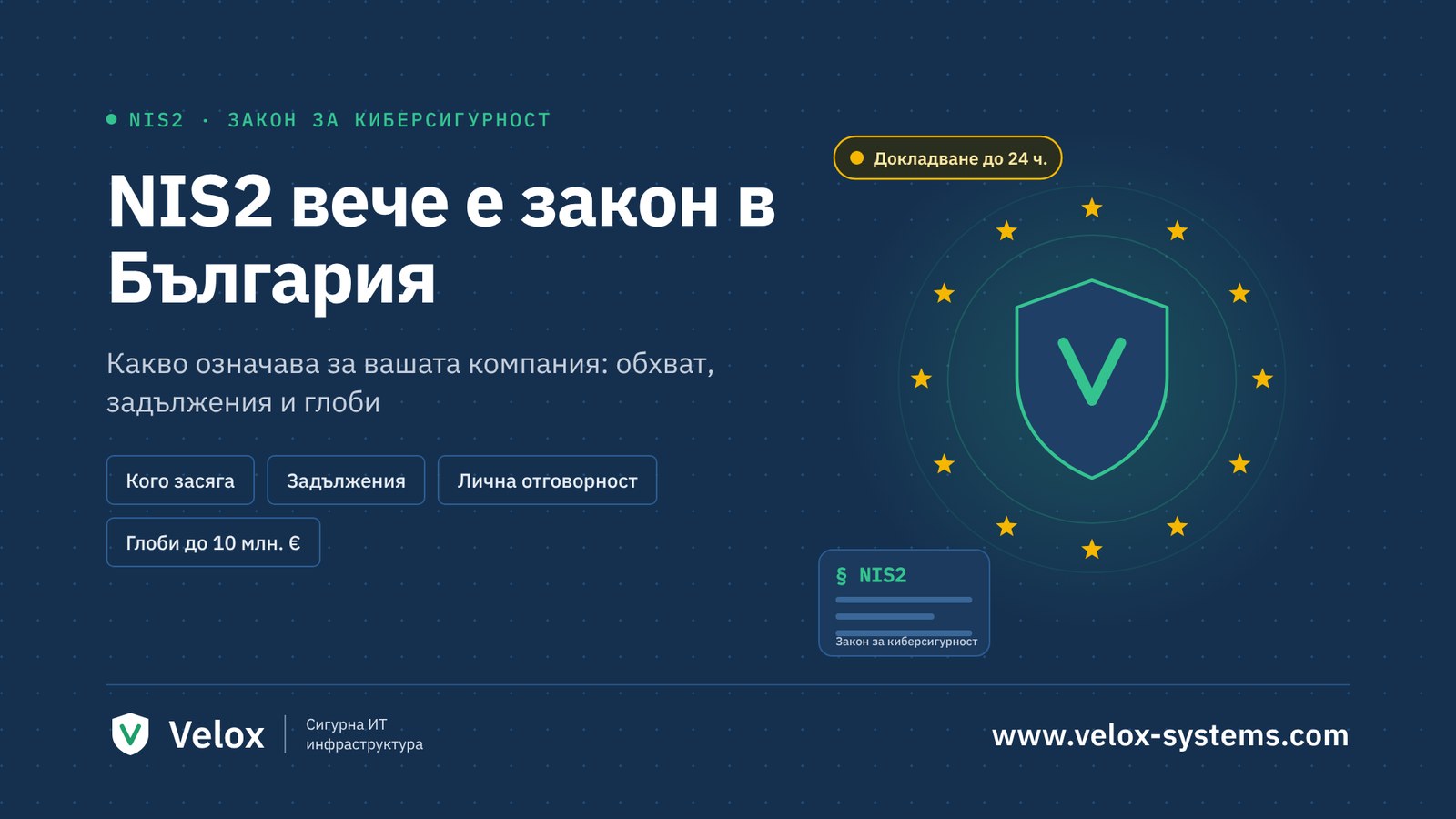 NIS2 вече е закон в България: щит на Велокс в кръг от европейски звезди и Закона за киберсигурност